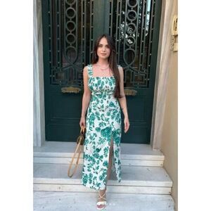 Zara Womens Midi Dress XS White Green Floral Smocked 8322/446 NWT